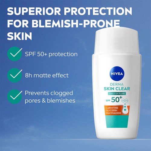 Nivea ihohoitotuotteessa on SPF 50+ suoja akneherkkää ihoa vastaan, hyödyt näkyvästi esitetty.