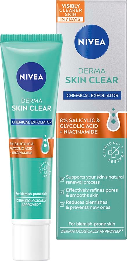 Tube en doos van Nivea Derma Skin Clear chemische exfoliator voor vette huid, met ingrediënten en voordelen.