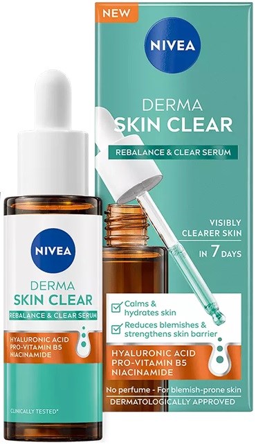 A box and bottle of Nivea Derma Skin Clear serum, showing a dropper for skincare application.