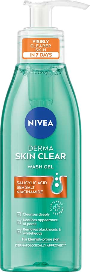 A clear greenish bottle of Nivea Derma Skin Clear wash gel with a pump, claiming visible results in 7 days.