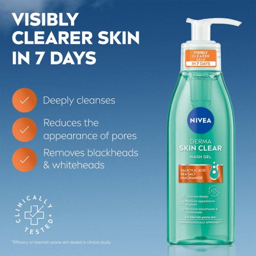 Nivea Derma Skin Clear wash gel helps clear skin, reduces pores, and removes blemishes in 7 days.