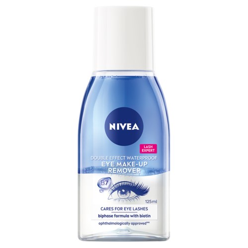 Nivea eye makeup remover bottle, blue liquid, white cap, contains eye care ingredients and is waterproof.