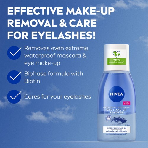 NIVEA eye makeup remover in a blue bottle with text about removing waterproof mascara and caring for eyelashes.