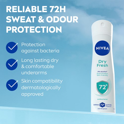 Nivea deodorant ger 72 timmars svett- och odörskydd, är dermatologiskt godkänt och ger en långvarig, torr och bekväm hud.