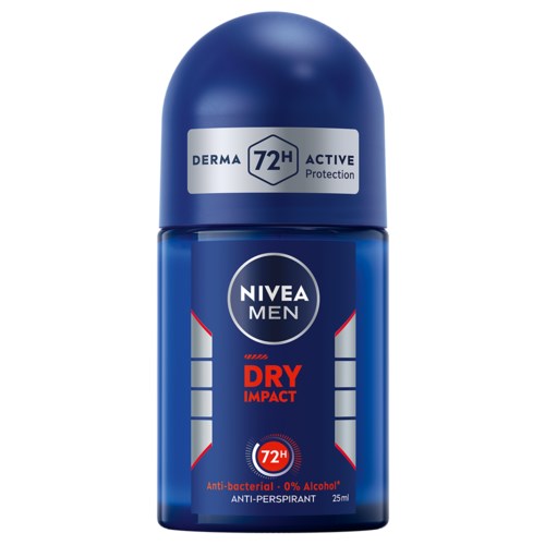 Een blauwe Nivea Men deodorant spray fles met witte en rode tekst, voor droge bescherming, 25 ml.