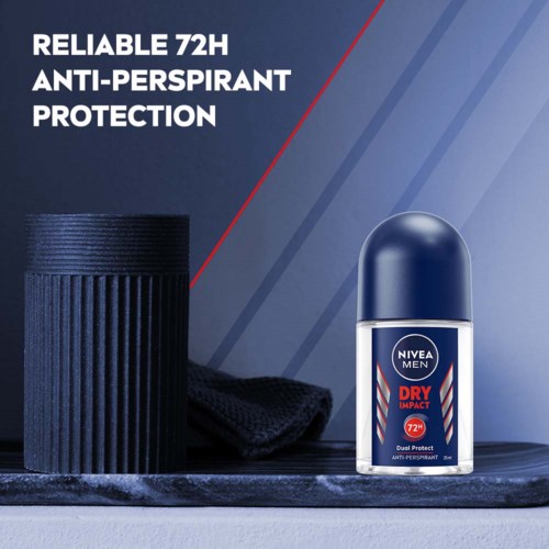 Nivea Men deodorantfles en een zwarte getextureerde container op een blauwe achtergrond.