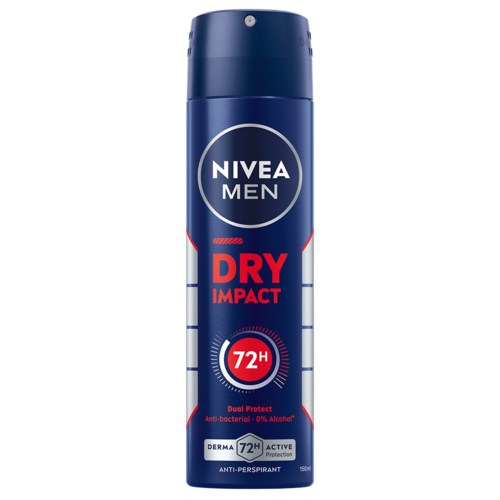 Nivea Men droge impact deodorant, blauwe fles, 72 uur bescherming, antibacteriële formule, geen alcohol.