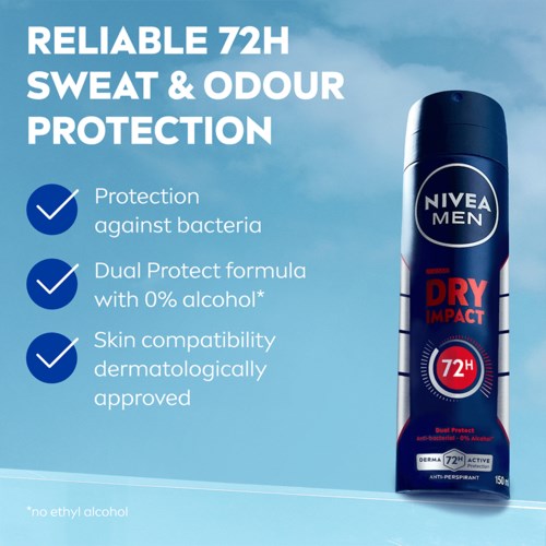 Nivea Men dry impact antiperspirant spray met 72 uur zweet- en geur bescherming, zonder alcohol, dermatologisch getest.