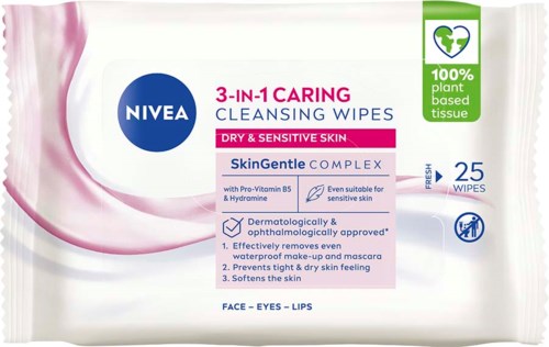 A pack of 25 Nivea cleansing wipes for dry, sensitive skin, using plant-based ingredients and suitable for face and eyes.