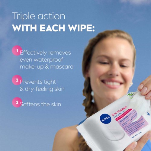 Text explains how wipes remove waterproof makeup, prevent dry skin, and soften skin.