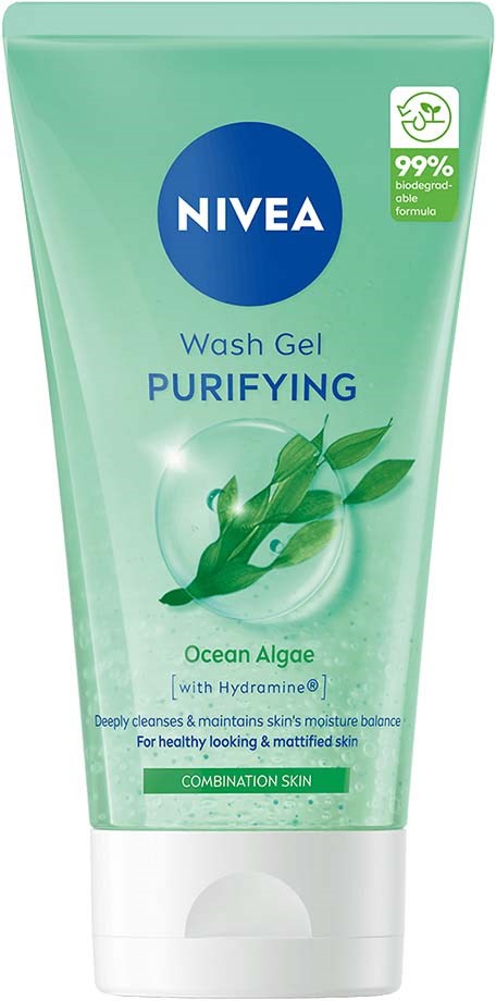 Nivea reinigingsgel met oceaanalgen en hydramine, voor gemengde huid om te reinigen en te kalmeren.