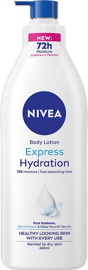 White body lotion bottle with blue cap, labeled Nivea Express Hydration, for dry skin, 400 ml.
