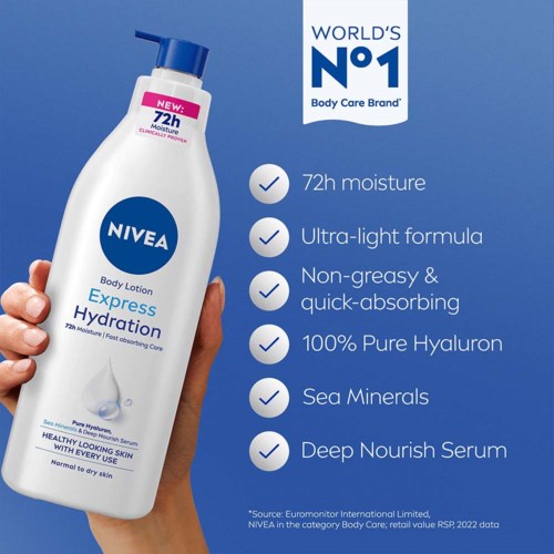 A Nivea body lotion bottle with key benefits listed on a blue background, highlighting 72-hour moisture and nourishing ingredients.