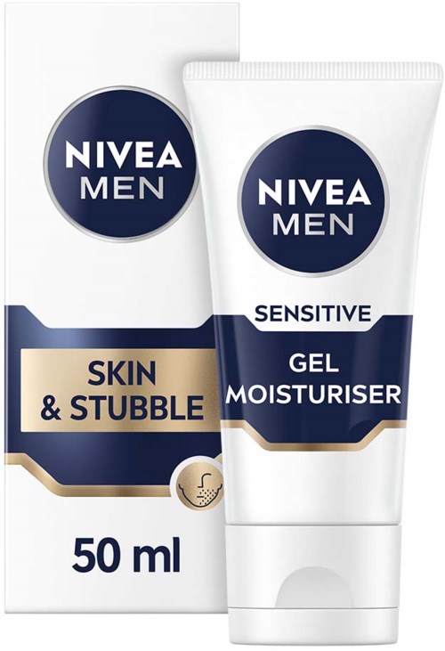 Nivea Men Sensitive geelimulsiooni iholle ja parranajoon, 50 ml. Pakattu valkoiseen putkiloon ja rasiaan.