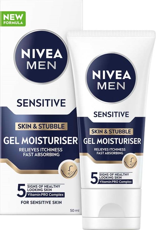 Nivea Men Sensitive geelimäinen kosteusemulsio ihoon ja parralle, valkoisessa tativa ja pakkauksessa, korostaen lievittävän kutinaa.