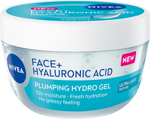 Nivea kasvoالجيم with hyaluronihappoa pyöreässä purkissa, merkki kertoo siitä olevan kosteuttava hydrogeeli.