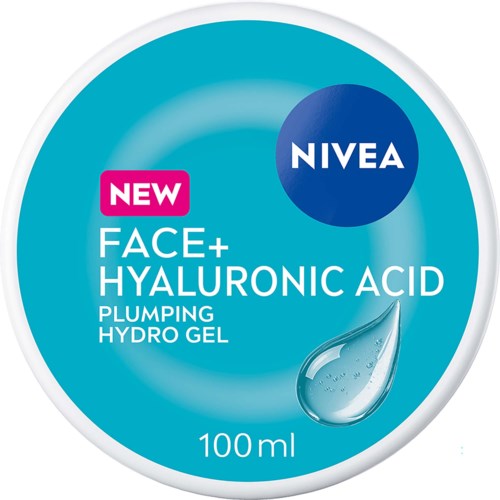 Nivea Face+ Hyaluronihappo täyteläinen hohydrogeeli ympyräpurkissa, sininen ja valkoinen muotoilu, vesipisara ja tuoteinfo.