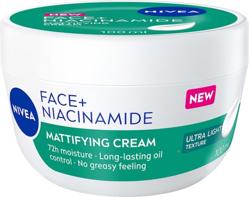 Nivea Face+ Niacinamide mattgörande kräm i burk med etikett som betonar 72 timmars fukt och oljefrisering.