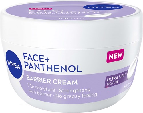 Nivea ansikts- och panthenolbarriärkräm med etikett som nämner 72 timmars fukt och skydd för huden.
