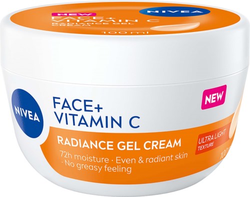 En vit burk med Nivea ansiktskräm märkning Face+ Vitamin C Radiance Gel Cream med orange detaljer och en rosa New-etikett.