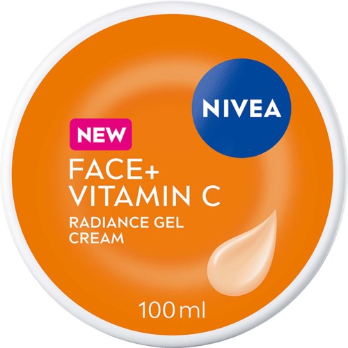 Förpackning för NIVEA Face Vitamin C Radiance Gel Cream med orange bakgrund och blå NIVEA-logga.