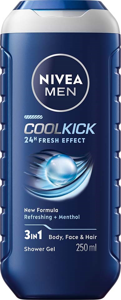 Blaue Flasche Nivea Men Cool Kick Duschgel mit Menthol, 250 ml, 3-in-1 für Körper, Gesicht, Haare.