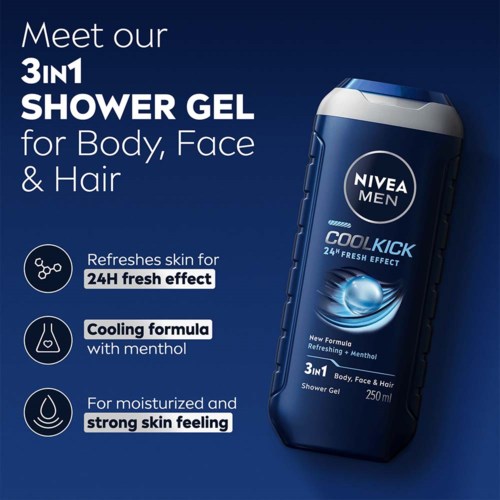 Nivea Men Duschgel für Körper, Gesicht und Haare mit kühlendem Menthol, erfrischend und feuchtigkeitsspendend, 250 ml.