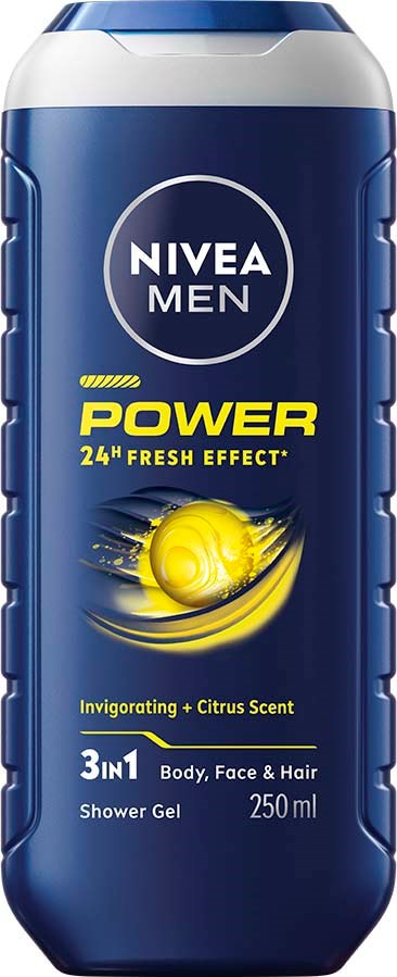 Eine blaue Flasche Nivea Men Power Duschgel mit Zitrusduft. Für Körper, Gesicht und Haare. 250 ml.