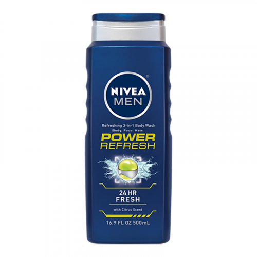 Eine blaue Flasche Nivea Men Power Refresh Duschgel mit Zitrusduft, 24 Stunden Frische, 500 ml.