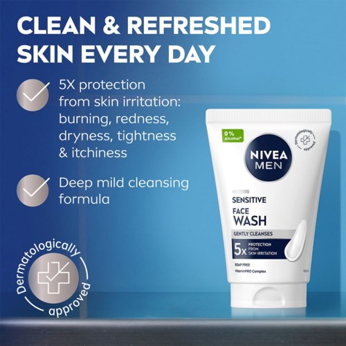 Teksti Nivea Men kasvovedestä, joka korostaa suojaa, miedon puhdistuksen ja ihonhoitohyödyt.