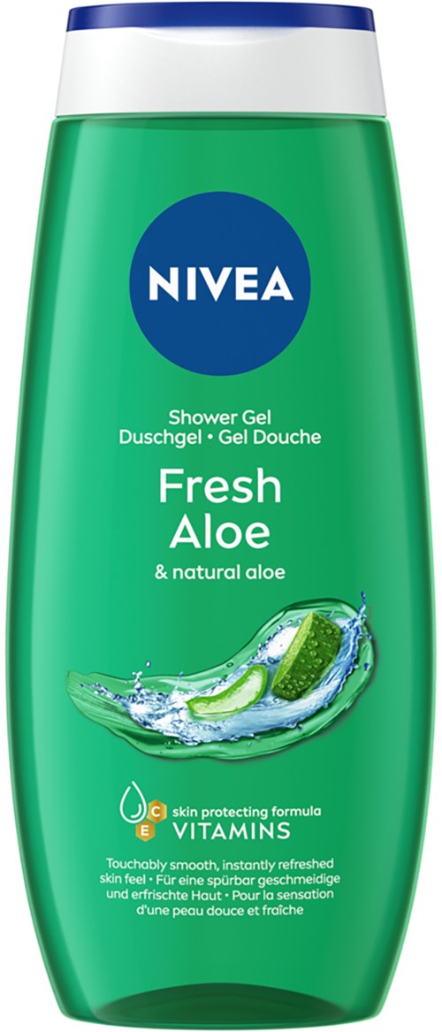 Green shower gel bottle with blue and white cap, label reads 'NIVEA Fresh Aloe' with an aloe and water splash image.