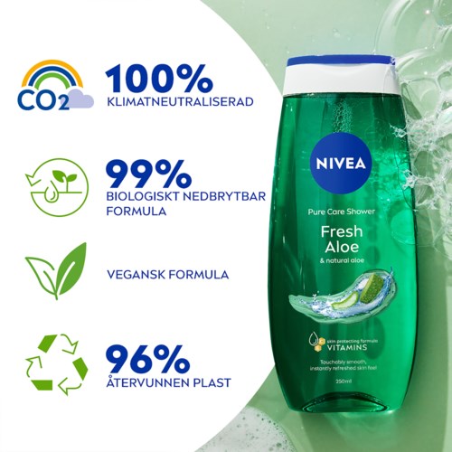 A NIVEA shower gel bottle labeled as Fresh Aloe with natural aloe, showing eco and health benefits, and eco-friendly symbols.