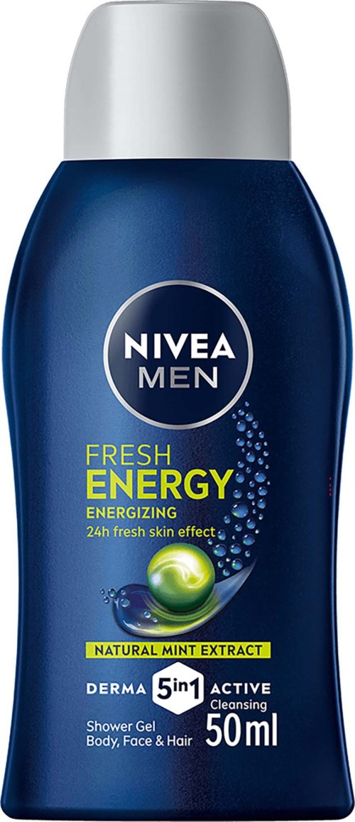 Nivea Men duschgel i blå förpackning med silverlock och etikett om frisk energi och naturlig myntextrakt.