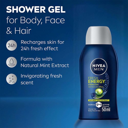 NIVEA MEN duschgelflaska med etikett som säger att den återställer huden, är gjord med naturlig myx-extrakt och ger en frisk doft.
