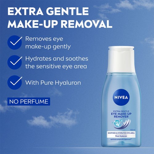 Nivea oog make-up remover fles met kenmerken: zacht, hydraterend, bevat hyaluronzuur, geen parfum, beweert ogen te kalmeren.