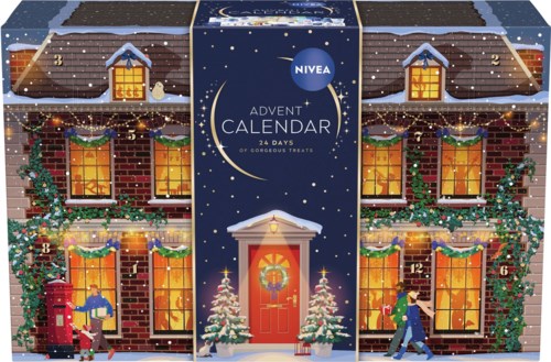 A festive Christmas house with snow, decorated windows, Christmas trees, and animated characters outside.