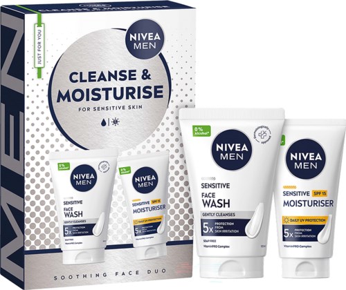 Nivea Men hudvårdsprodukter med etiketter för ansiktsrengöring och fuktkräm, visade med förpackningar och tuber.