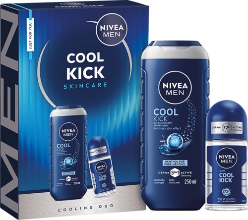 Nivea Men Cool Kick ihonhoitotuotteet, mukaan lukien deodoranttikku ja pieni spray.