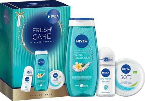 Nivea Fresh Care ihonhoitosetti, sisältää suuren Hawaii Flower & Oil vartalohierteen, kosteusvoiteen, deodorantin ja pieniä kauneustuotteita.