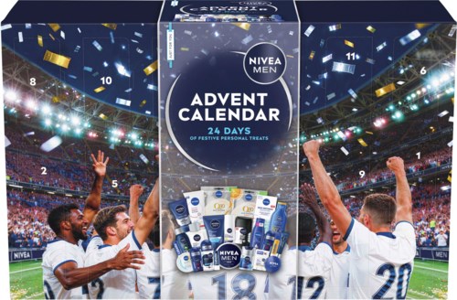 Nivea Men adventskalender med sportfans som firar i en stadiumbakgrund, med hudvårdsprodukter och konfetti.