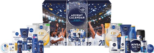 Ett Nivea-adventskalender med 24 hudvårds- och groomingprodukter, omgiven av enskilda flaskor och behållare.
