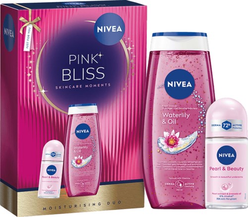 NIVEA Pink Bliss ihonhoitosetti Waterlily & Oil, Pearl & Beauty roll-on pinkissä pakkauksissa ja pulloissa.