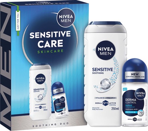 Nivea Men Sensitive Care -tuotesarja, sisältää suihkugeelin ja deodorantin sinisen ja valkoisen pakkauksen kanssa.