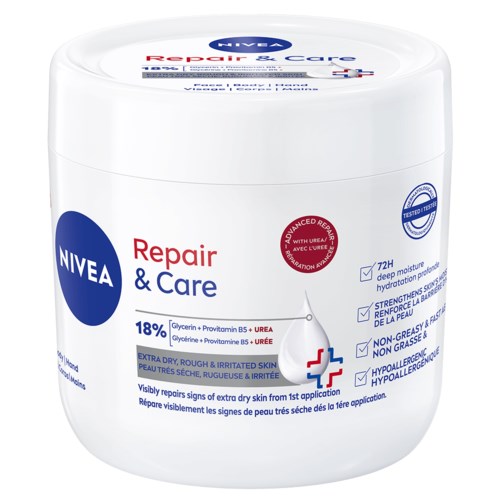 Nivea Repair & Care kerma erittäin kuivalle, karhealle ja ärtyneelle iholle syvällä kosteuttavalla, parantavalla ja suojavirtauksella.