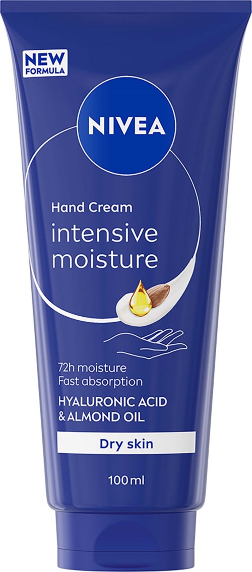 En blå tub med Nivea handkräm med ingredienser och varumärke, märkt för torr hud med hyaluronsyra och mandelolja.