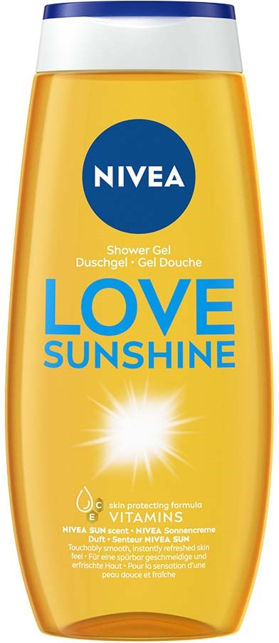 Nivea douchegel fles in geel met blauwe en witte label, met de woorden "Love Sunshine" en een zon afbeelding.