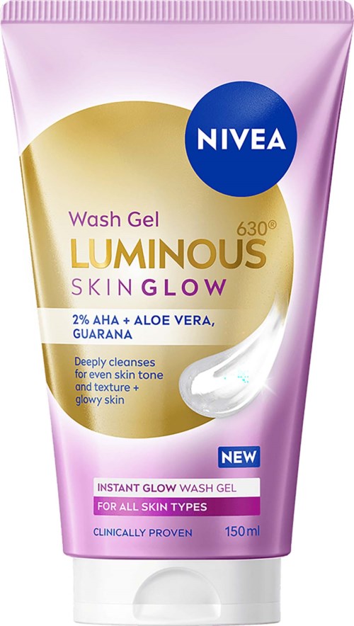 Rosa och vit tub med Nivea Luminous Skin Glow Wash Gel med guld- och lila detaljer, 150 ml.