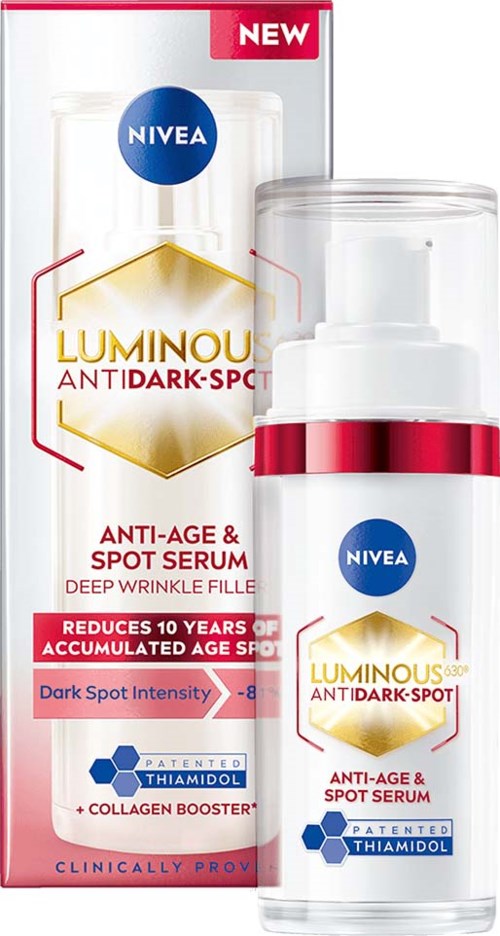 Nivea Luminous Anti-Dark Spot Serum packaging shows a white bottle with red and blue accents, highlighting anti-age and spot reduction.