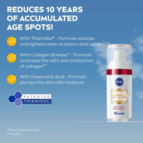 A skincare product claims to reduce age spots using Thiamidol, Collagen Booster, and Hyaluronic Acid. It has a pump bottle.