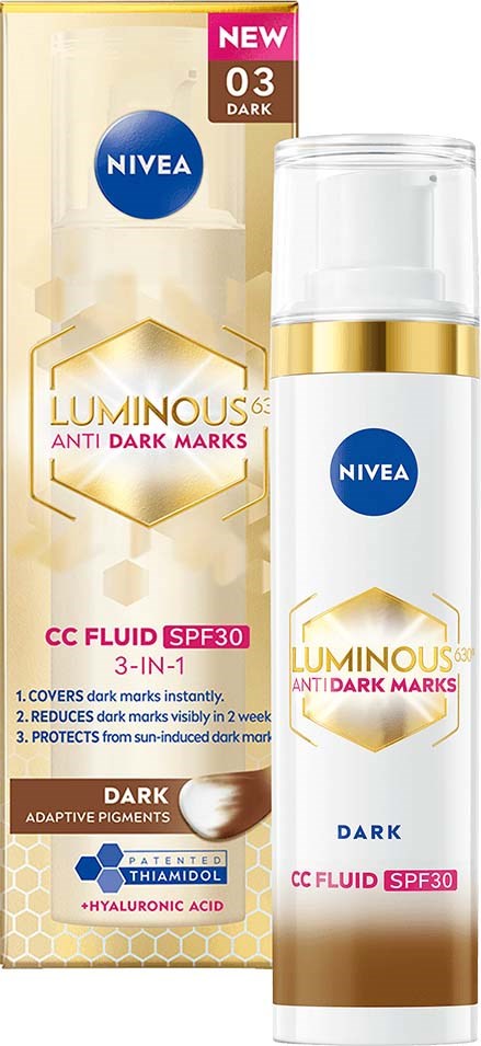 Nivea Luminous anti-dark marks CC fluid with SPF30, dark skin coverage, multi-benefit, and protective ingredients.